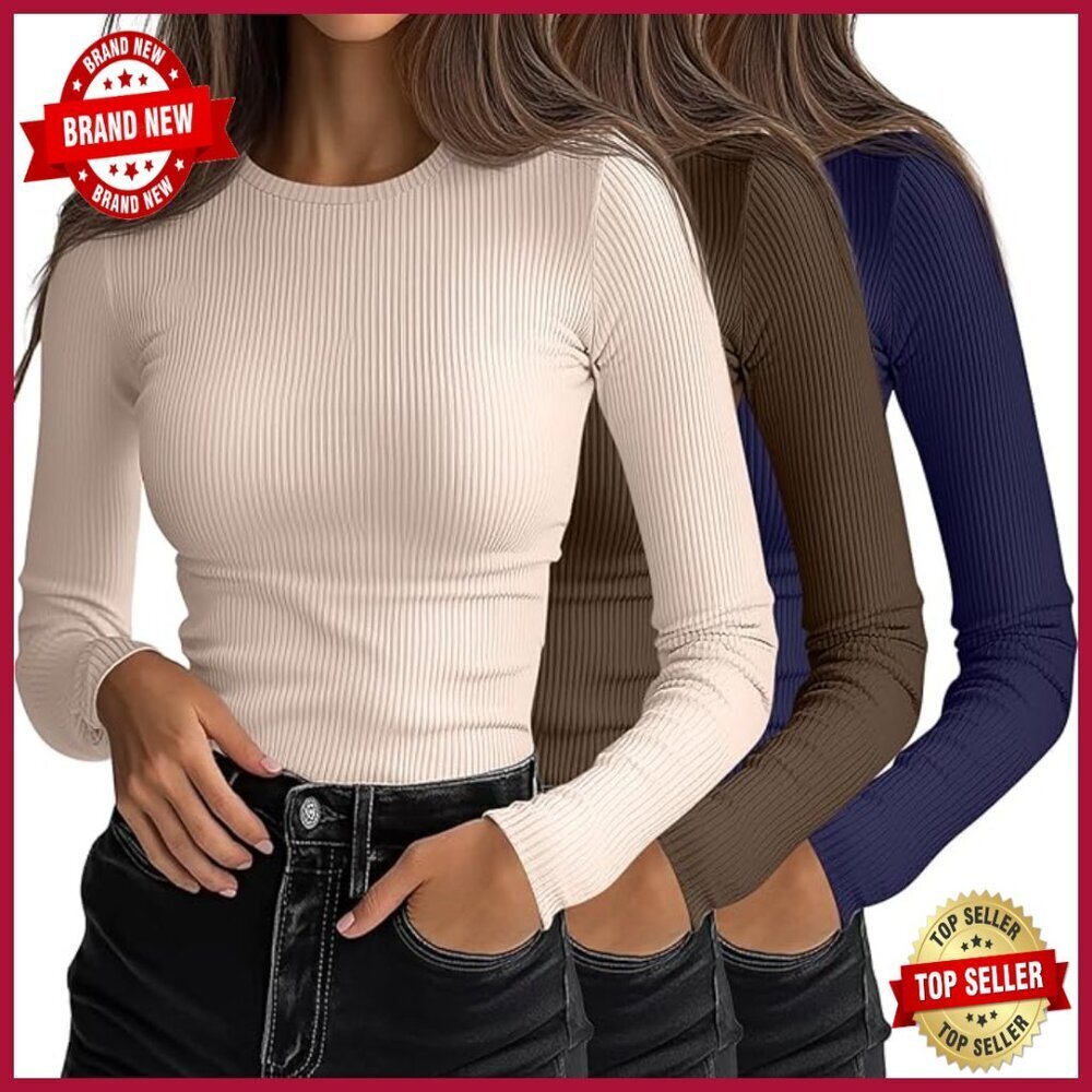 3 Pack Ribbed Long Sleeve Tops Slim Fit Crew Neck Layering Tees